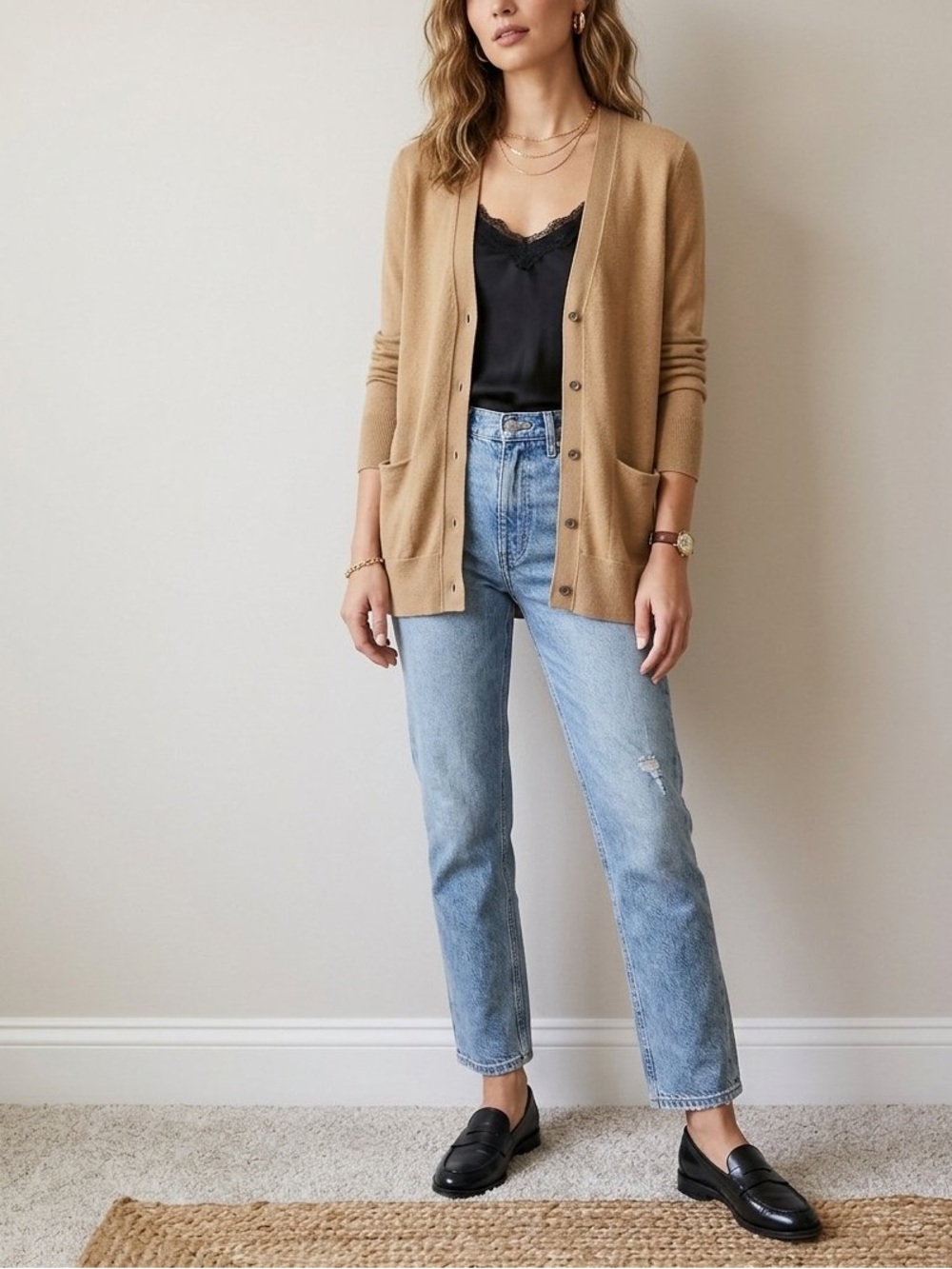 GAP Camel Button-Front Long Sleeve Merino wool blend Cardigan